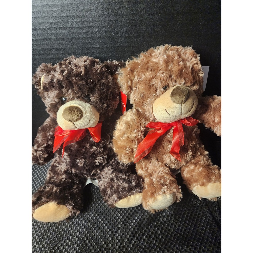 Holiday Home Plush Teddy Bear Set of 2 Brown Tan Soft Swirl Fur Red Bow NWT 2014